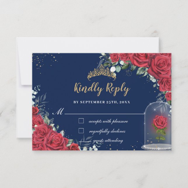 Quinceañera Enchanted Red Rose Floral Navy Blue RSVP Card (Front)