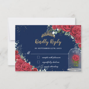 Quinceañera Enchanted Red Rose Floral Navy Blue RSVP Card