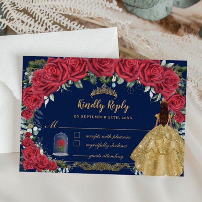 Quinceañera Enchanted Red Rose Floral Navy Blue RSVP Card (Creator Uploaded)