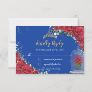 Quinceañera Enchanted Red Rose Floral Royal Blue RSVP Card