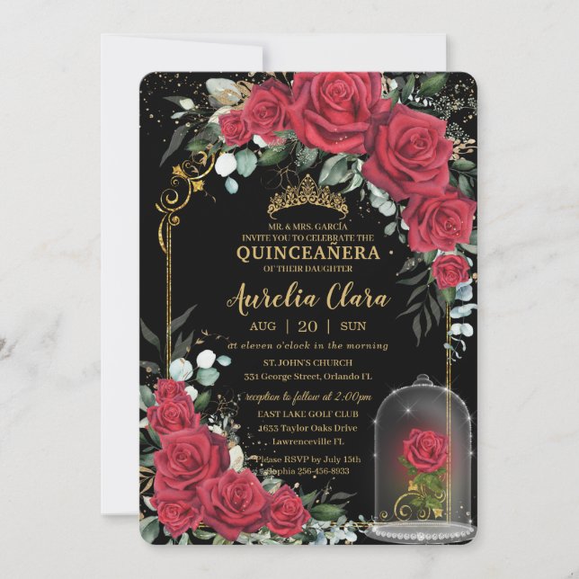 Quinceañera Enchanted Red Roses Floral Black Gold Invitation (Front)