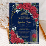 Quinceañera Enchanted Red Roses Floral Navy Blue Invitation<br><div class="desc">Personalise this lovely enchanted rose floral invitation easily and quickly, simply press the Edit Using Design Tools button to further re-arrange and format the style and placement of the text. Featuring stunning vibrant red roses and a red rose in a cloche, set against a navy blue background with elegant gold...</div>