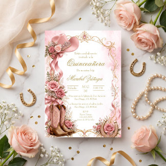 Quinceañera estilo vaquero elegante rosa y dorado invitation