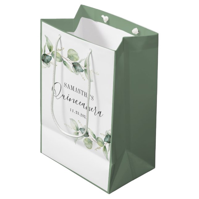 Quinceanera Eucalyptus 15th Birthday Party Medium Gift Bag (Front Angled)