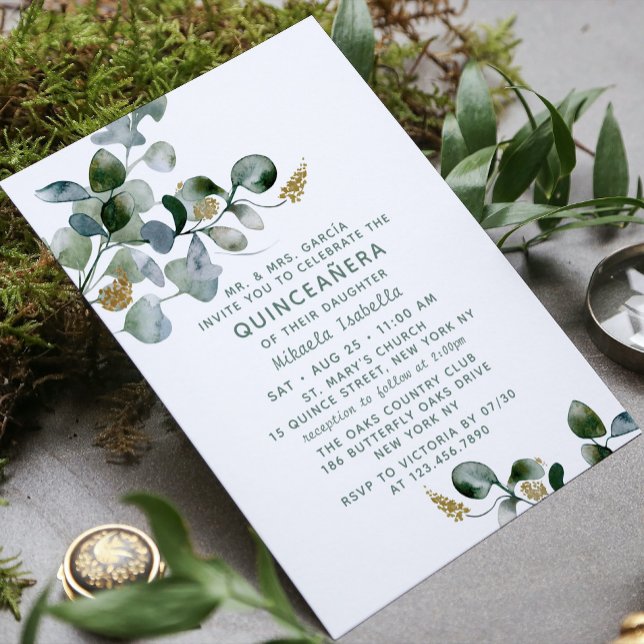 Quinceañera Eucalyptus Floral Greenery Photo Invitation (Creator Uploaded)