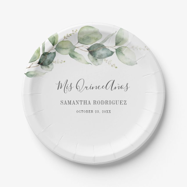 Quinceanera Eucalyptus Granddaughter 15th Birthday Paper Plate (Front)