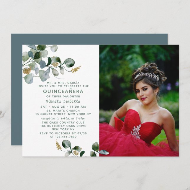 Quinceañera Eucalyptus Greenery Floral Photo Invitation (Front/Back)