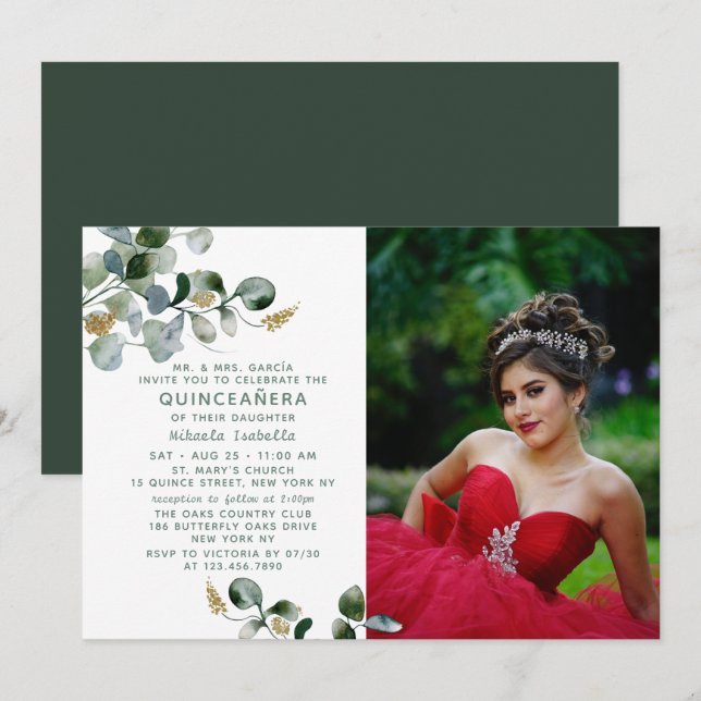 Quinceañera Eucalyptus Greenery Floral Photo Invitation (Front/Back)