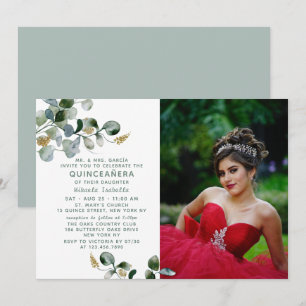 Quinceañera Eucalyptus Greenery Floral Photo Invitation