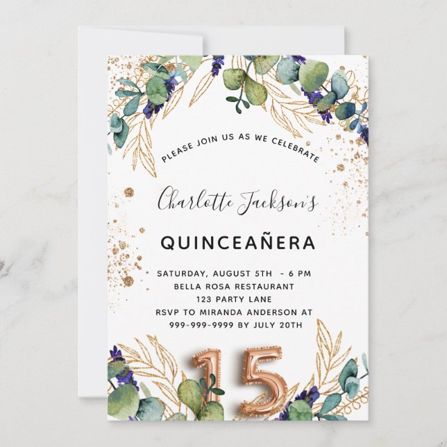 Quinceanera eucalyptus greenery glitter elegant invitation (Front)