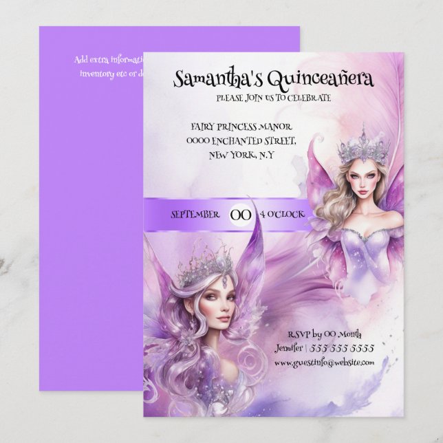 Quinceañera fairy princess purple whimsical girls invitation (Front/Back)