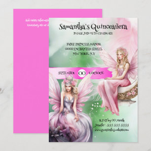 Quinceañera fairy theme pink green princess girls invitation