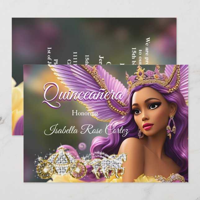 Quinceanera Fairytale Purple Pink Gold Carriage A Invitation (Front/Back)