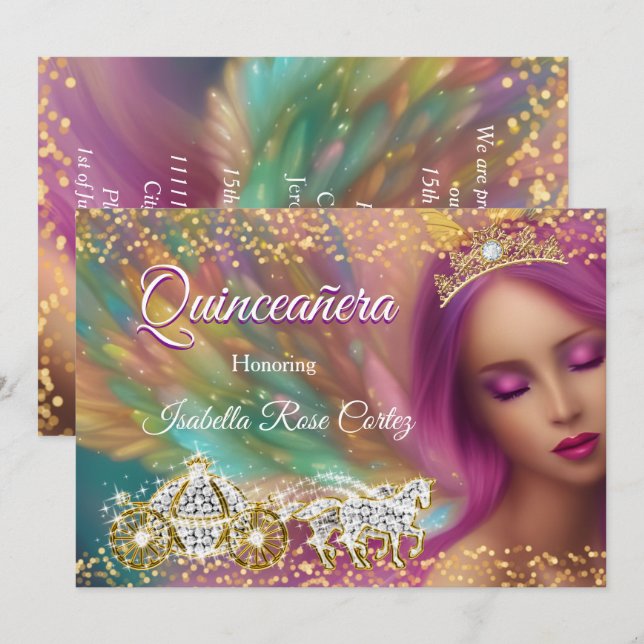 Quinceañera Fairytale Purple Pink Gold Carriage Invitation (Front/Back)