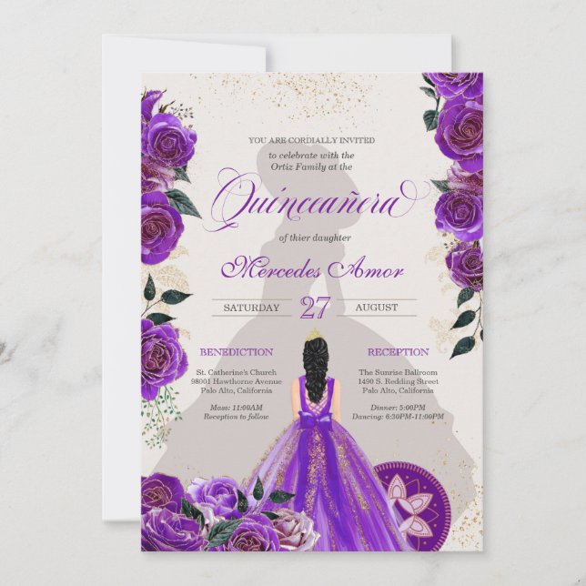 Quinceanera Fancy Charro Purple Rose Western  Invitation (Front)
