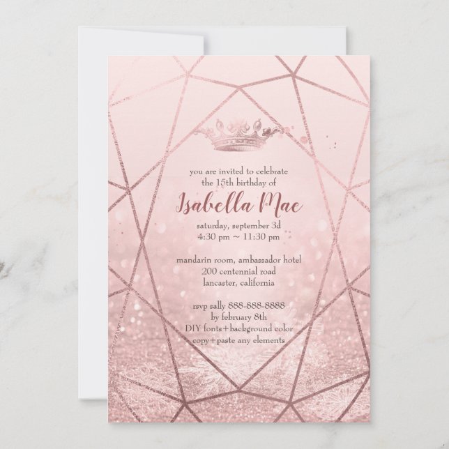 Quinceanera/Faux Rose Gold Snowflakes+Crown Invitation (Back)