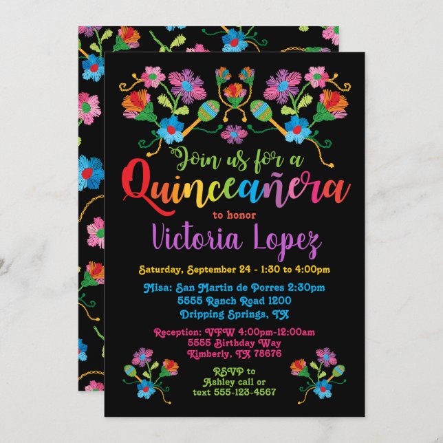Quinceañera Fiesta Birthday Party with embroidery Invitation (Front/Back)