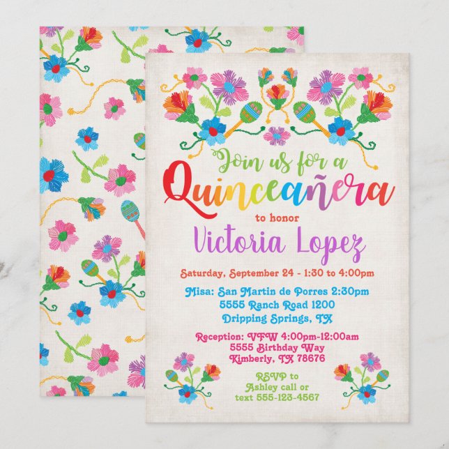 Quinceañera Fiesta Birthday Party with embroidery Invitation (Front/Back)