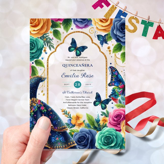 Quinceañera Fiesta Butterflies Quince Dress Roses Acrylic Invitations (Creator Uploaded)