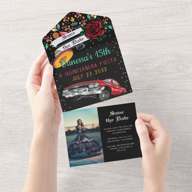 Quinceañera fiesta Floral lowrider save the date All In One Invitation (Tearaway)