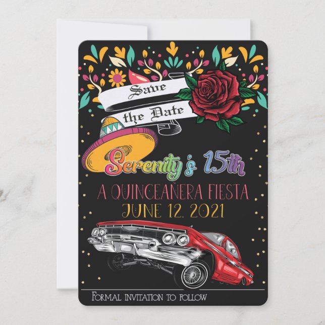 Quinceanera fiesta floral w/ lowrider & red rose invitation (Front)