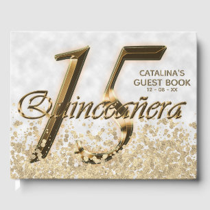 Quinceanera Fifteen Birthday Gold Foil Glitter Guest Book