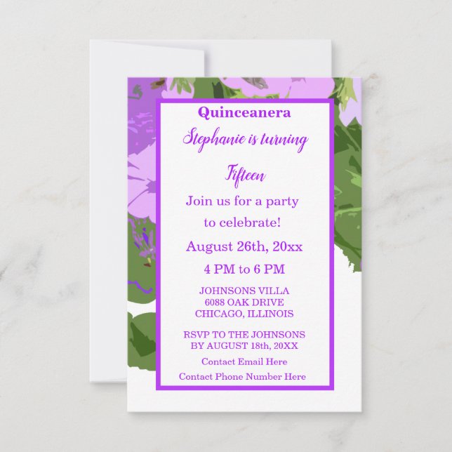 Quinceanera Fifteenth Birthday Purple Floral Cute Invitation (Front)