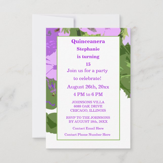 Quinceanera Fifteenth Birthday Purple Floral Girly Invitation (Front)