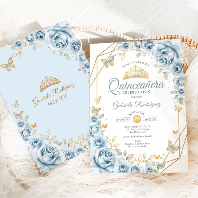 Quinceanera Floral Baby Blue Gold Invitation (Creator Uploaded)