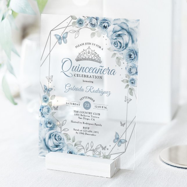 Quinceanera Floral Baby Blue Silver Acrylic Invitations (Creator Uploaded)