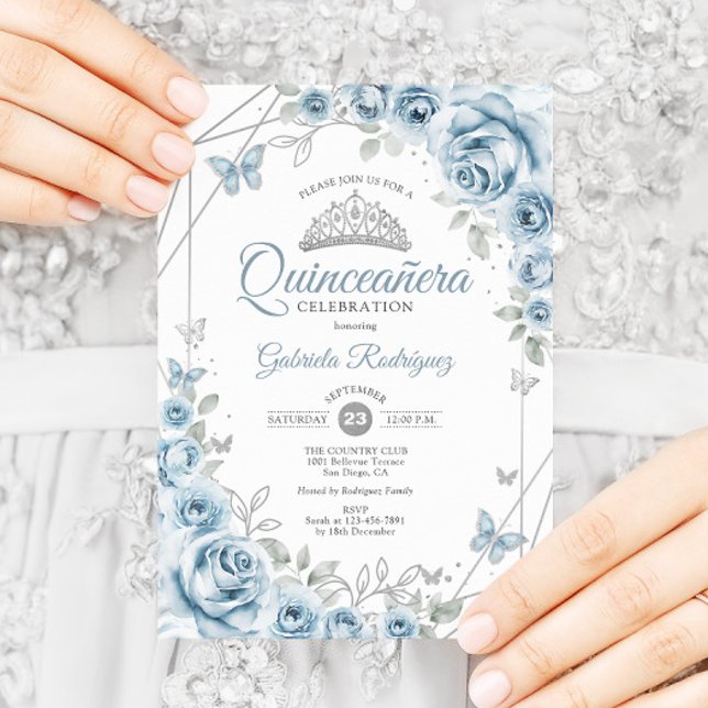 Quinceanera Floral Baby Blue Silver Invitation (Creator Uploaded)