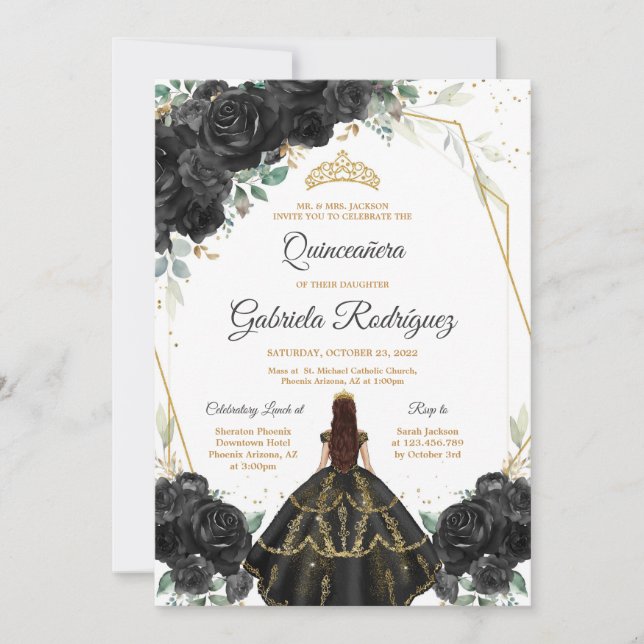 Quinceanera Floral Black Gold Invitation (Front)