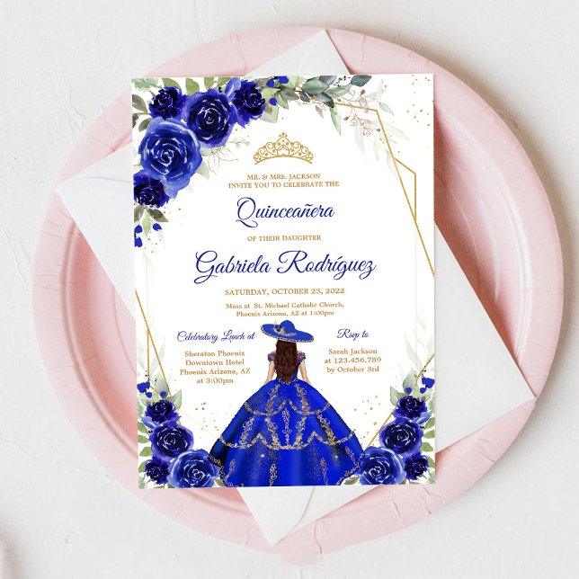 Quinceanera Floral Blue Gold Invitation (Creator Uploaded)