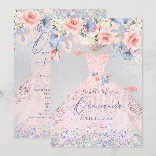 Quinceanera Floral Blush Pink Glitter Gown Invitation (Front/Back)