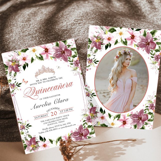 Quinceañera Floral Butterflies Birthday Photo Invitation (Creator Uploaded)