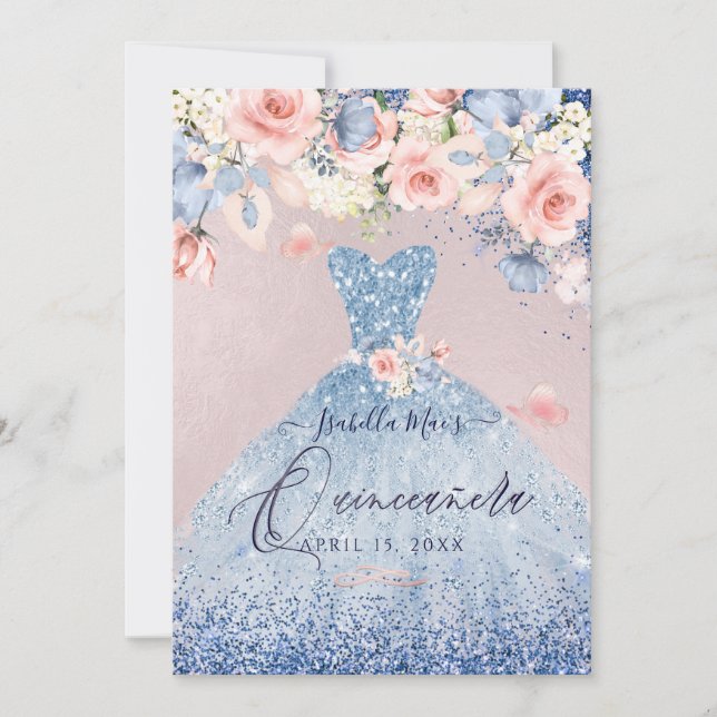 Quinceanera Floral Dusty Blue Glitter Gown Invitation (Front)