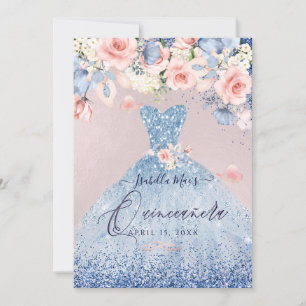 Quinceanera Floral Dusty Blue Glitter Gown Invitation