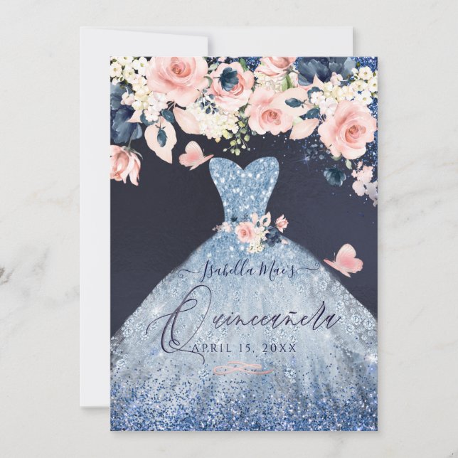 Quinceanera Floral Dusty Blue Glitter Gown Invitation (Front)