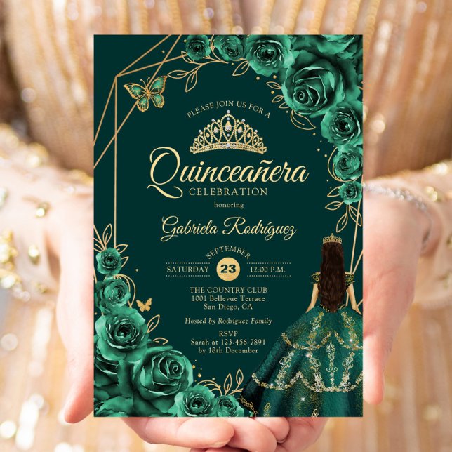 Quinceanera Floral Emerald Gold Gold Dress Invitation (Creator Uploaded)