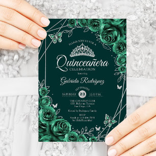 Quinceanera Floral Emerald Green Silver Invitation