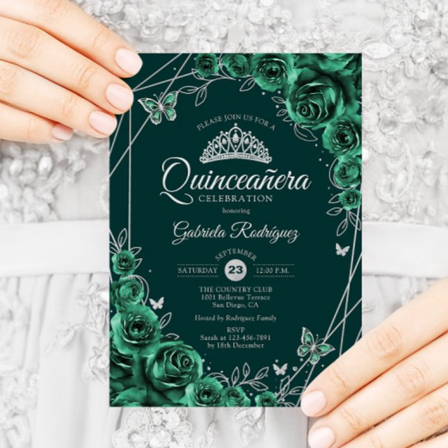 Quinceanera Floral Emerald Green Silver Invitation (Creator Uploaded)