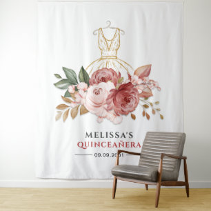 Quinceanera Floral Faux Gold Dress 15th Birthday Tapestry