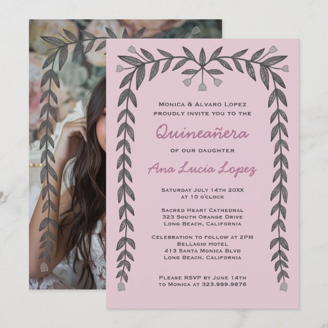 Quinceañera Floral Frame Custom Photo  Invitation (Front/Back)