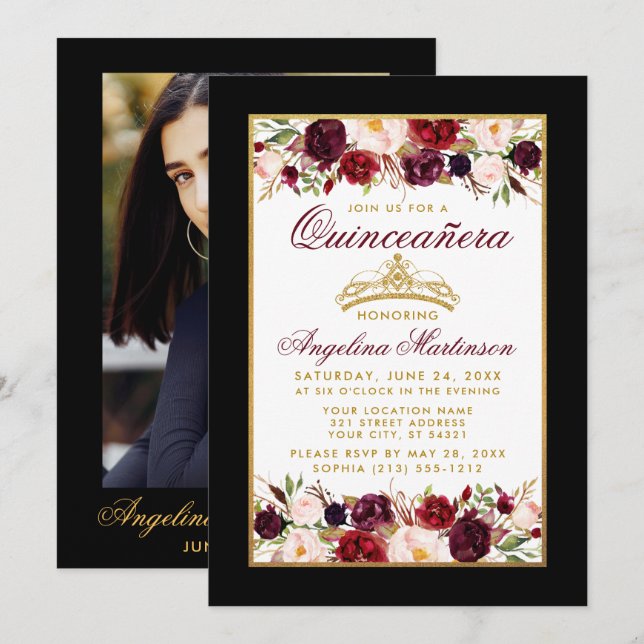 Quinceanera Floral Gold Crown Photo Black Invitation (Front/Back)