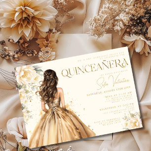 Quinceañera Floral Gold Dress Champagne Gown Invitation