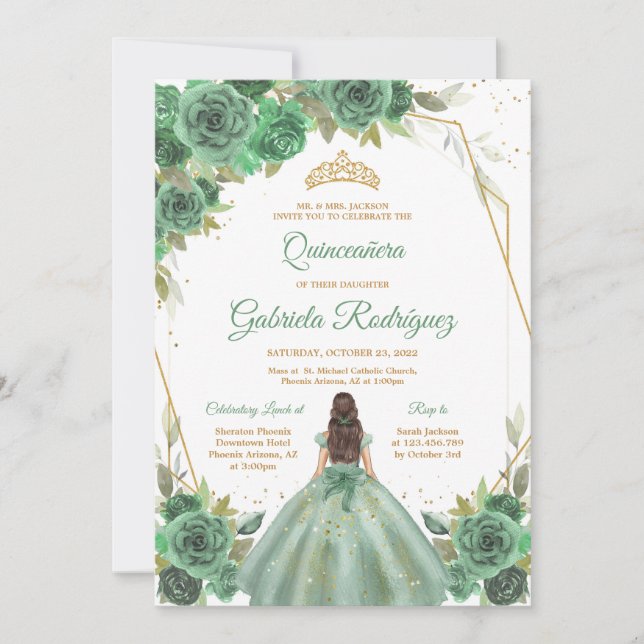 Quinceanera Floral Green Gold Invitation (Front)