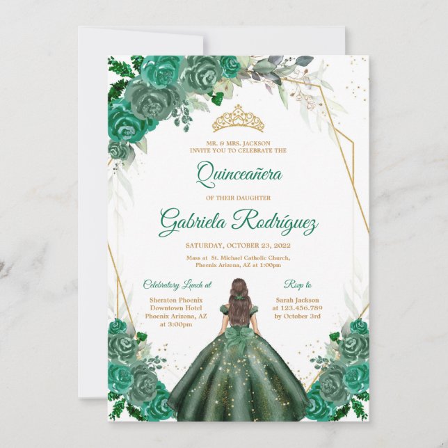 Quinceanera Floral Green Gold Invitation (Front)