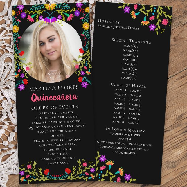 Quinceanera Floral Mexican Fiesta Black Photo Programme (Quinceanera order of events with custom photo and colorful mexican fiesta flowers on black)