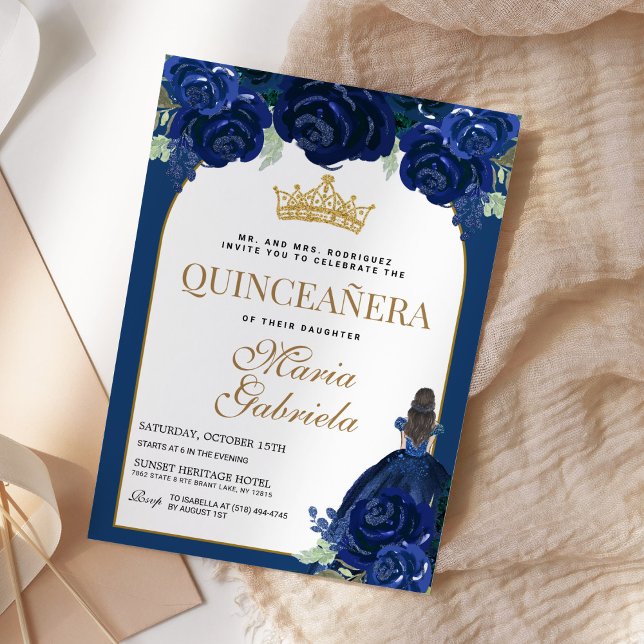 Quinceanera Floral Navy Blue Gold Mis Quince Anos Invitation (Creator Uploaded)
