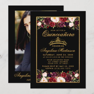 Quinceanera Floral Photo Gold Frame Crown Black Invitation